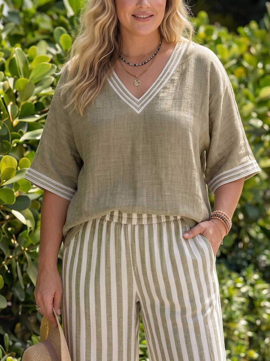 Wren | Completo Tunica con Scollo a V a Contrasto e Pantalone a Righe