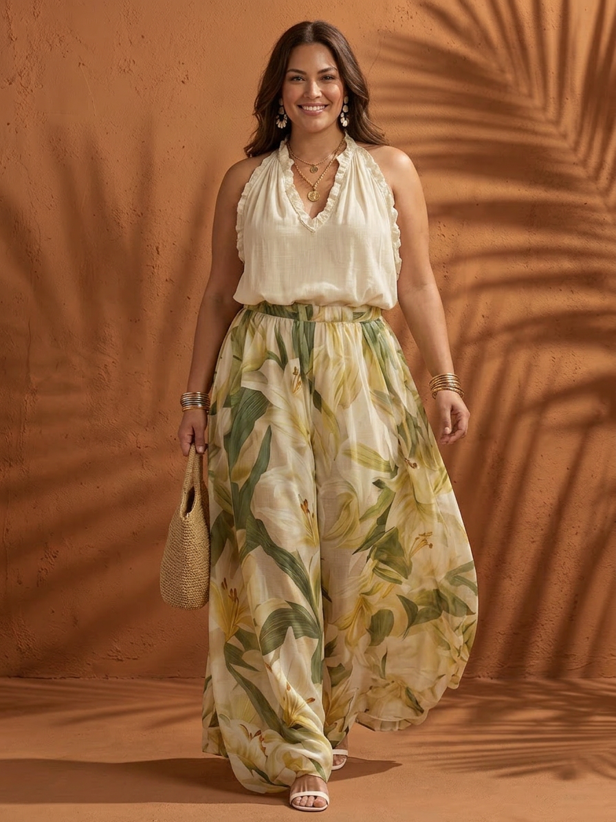 Solange | Completo Camicetta con Scollo all'Americana Floreale e Pantalone Largo