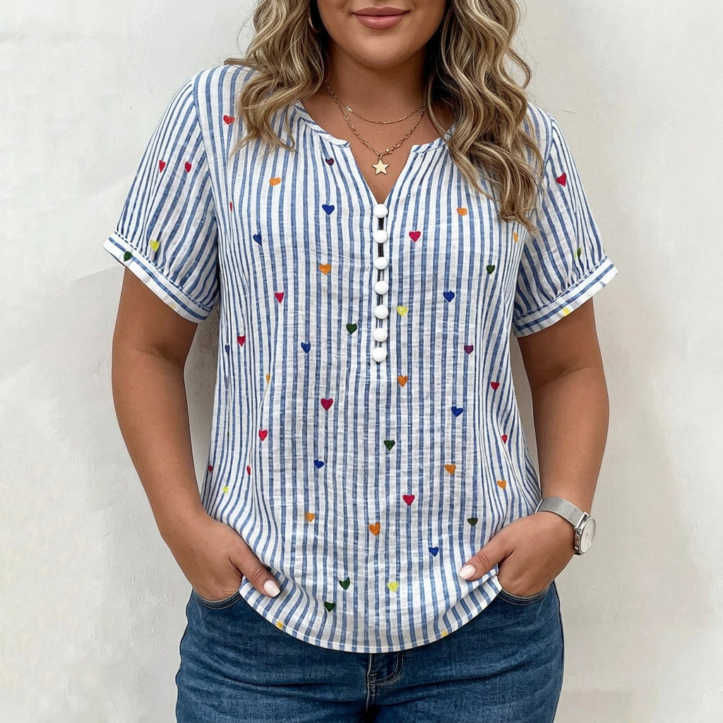 Olivia | Camicetta a Righe con Stampa di Cuori