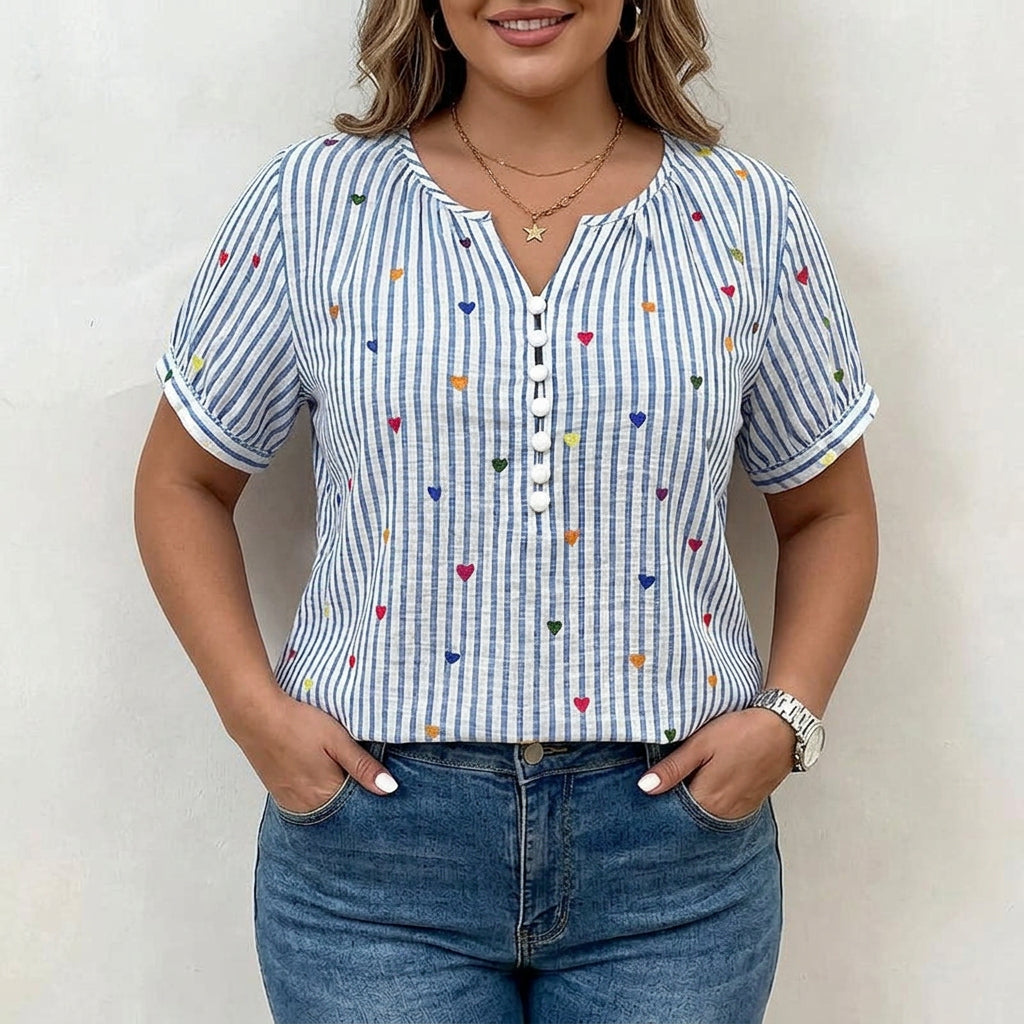 Olivia | Camicetta a Righe con Stampa di Cuori