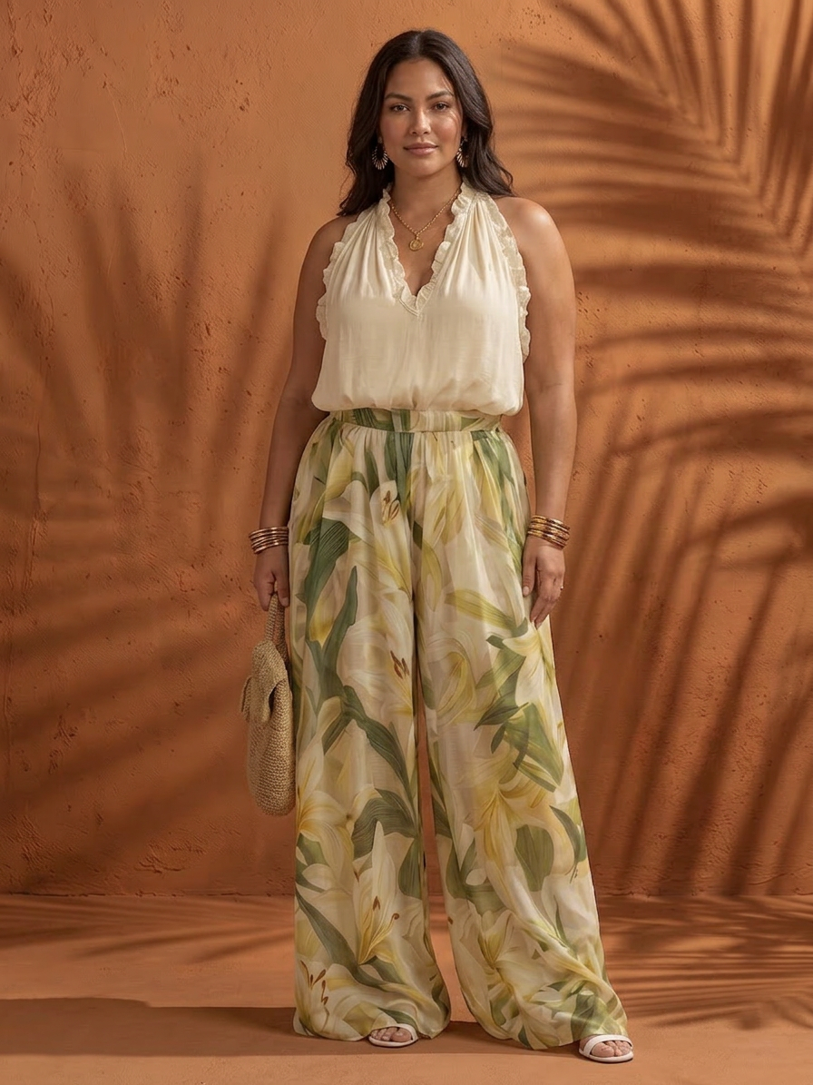 Solange | Completo Camicetta con Scollo all'Americana Floreale e Pantalone Largo