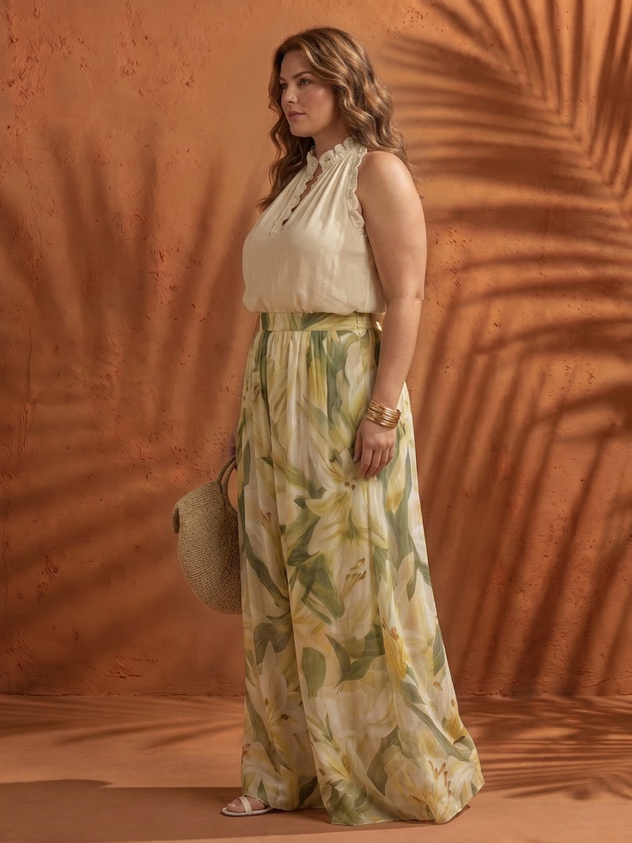 Solange | Completo Camicetta con Scollo all'Americana Floreale e Pantalone Largo