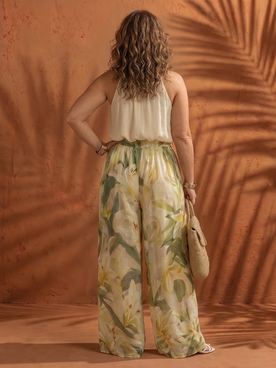 Solange | Completo Camicetta con Scollo all'Americana Floreale e Pantalone Largo
