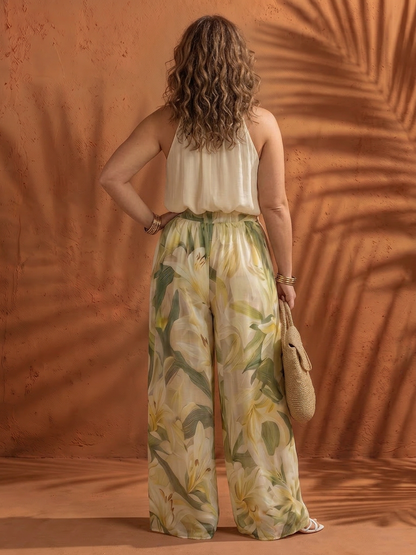 Solange | Completo Camicetta con Scollo all'Americana Floreale e Pantalone Largo