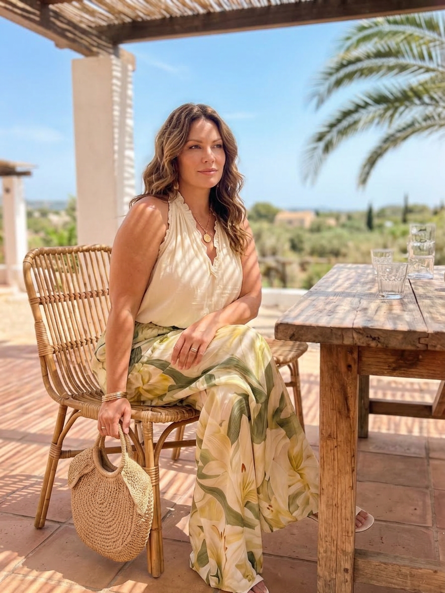 Solange | Completo Camicetta con Scollo all'Americana Floreale e Pantalone Largo