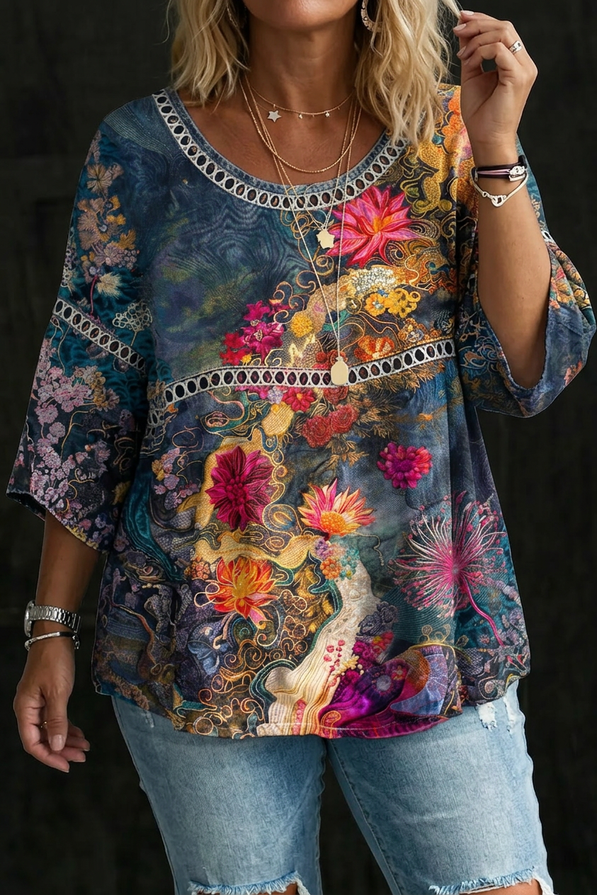 Blusa in Denim a Fiori Vintage Nicole