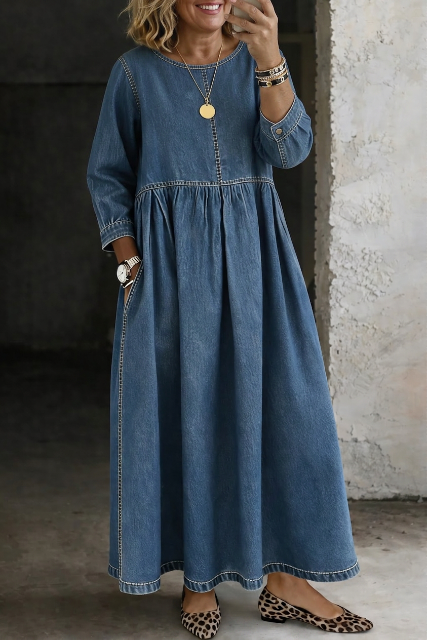 Abito in Denim a Manica Lunga con Scollo Tondo Melissa