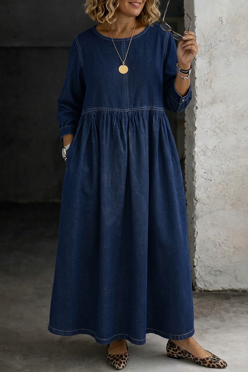 Abito in Denim a Manica Lunga con Scollo Tondo Melissa