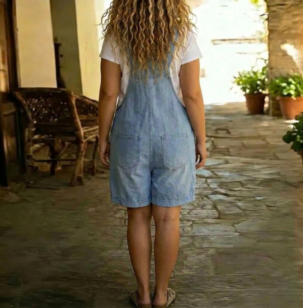 Salopette Corta di Jeans Vintage Azzurro Chiaro Clara