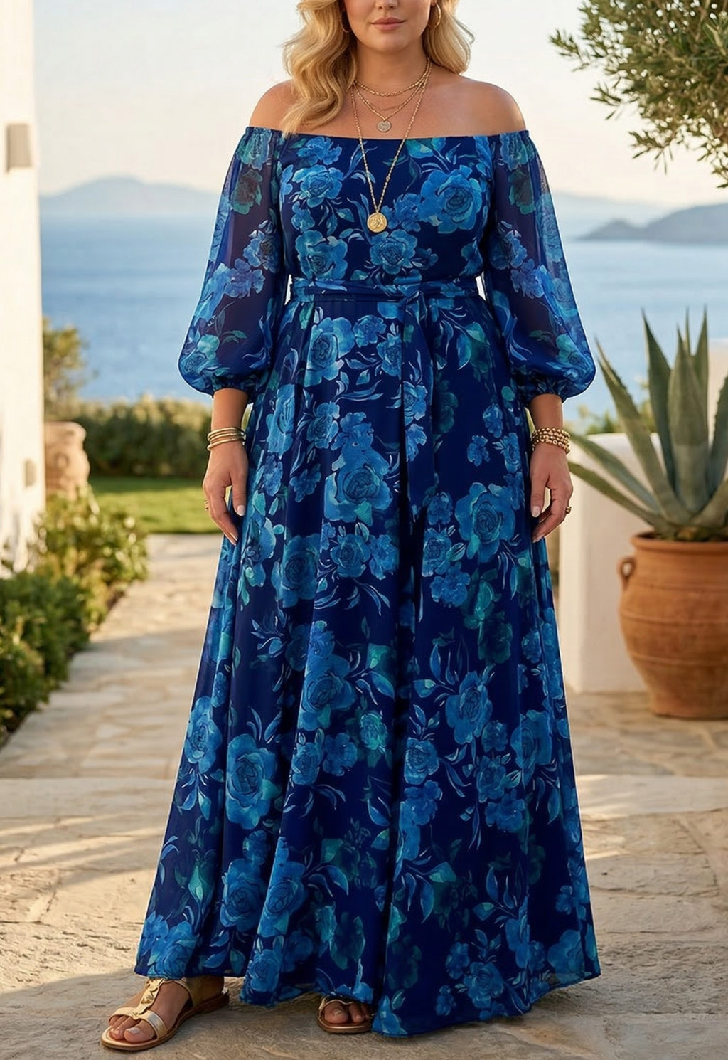 Francesca | Abito Lungo con Stampa Floreale e Spalle Scoperte