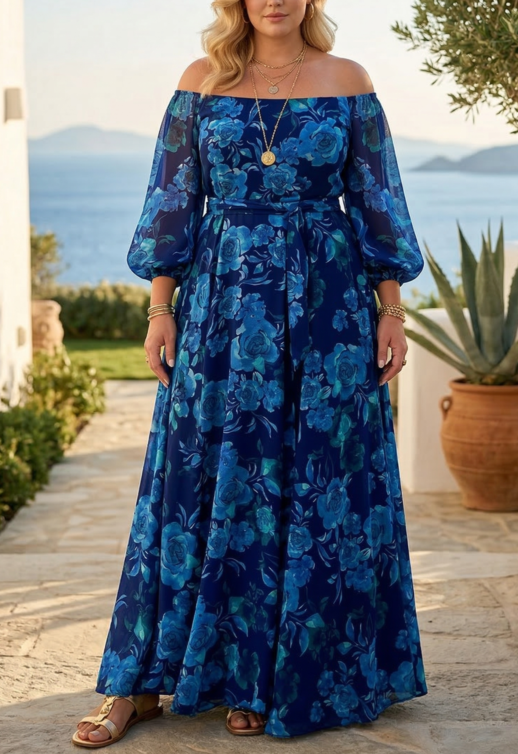Francesca | Abito Lungo con Stampa Floreale e Spalle Scoperte