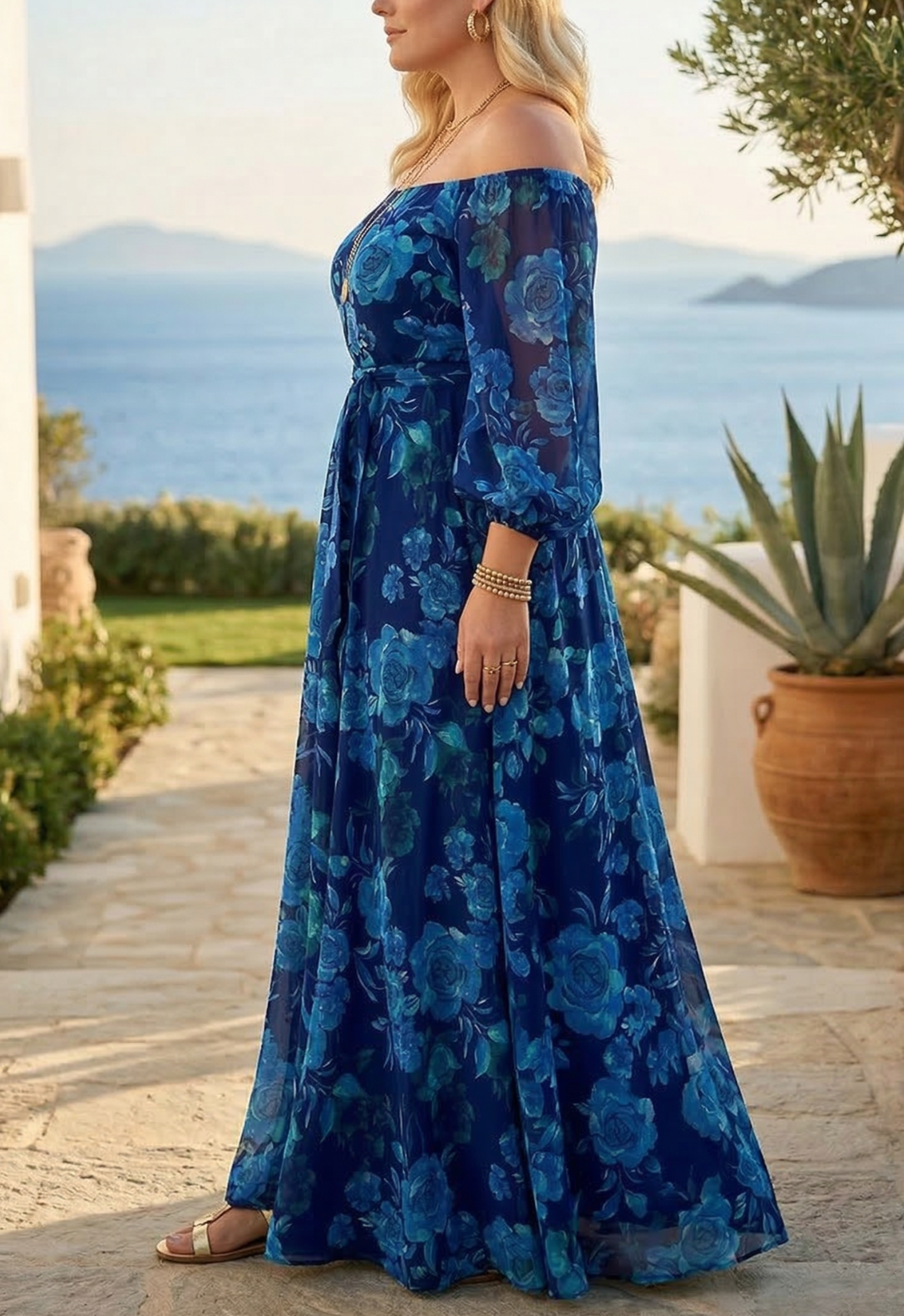Francesca | Abito Lungo con Stampa Floreale e Spalle Scoperte